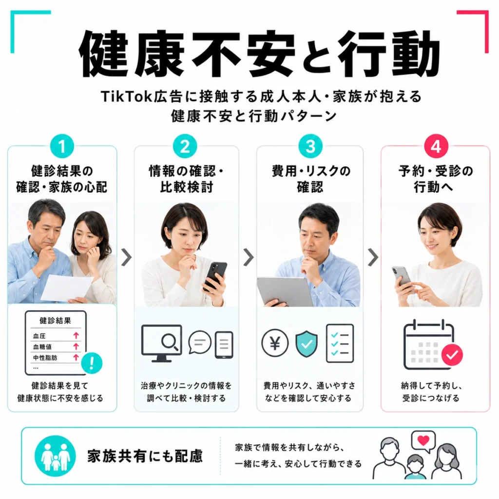 健診結果や家族の心配をきっかけに情報確認から予約へ進む行動パターンを示すイラスト