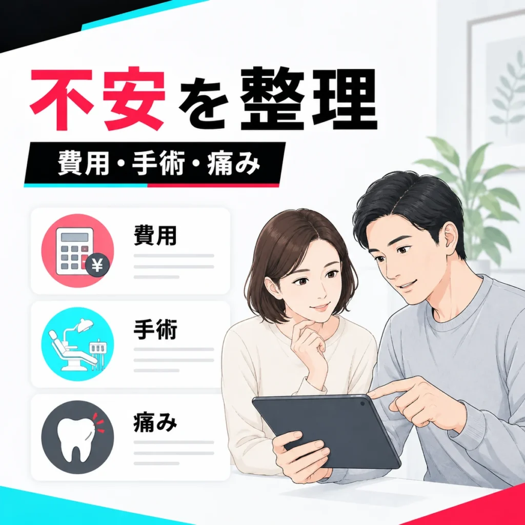 インプラントを検討する本人と家族が抱える費用や手術や痛みへの不安を整理するイラスト