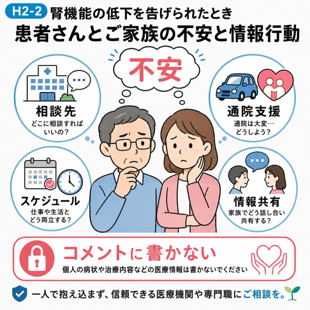 腎機能低下を指摘された本人と家族の不安や情報収集行動を説明するイラスト