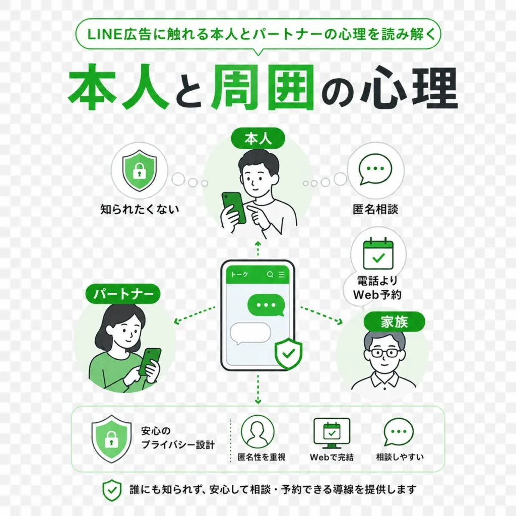 本人やパートナー、家族が匿名相談やWeb予約を求める心理を示すイラスト
