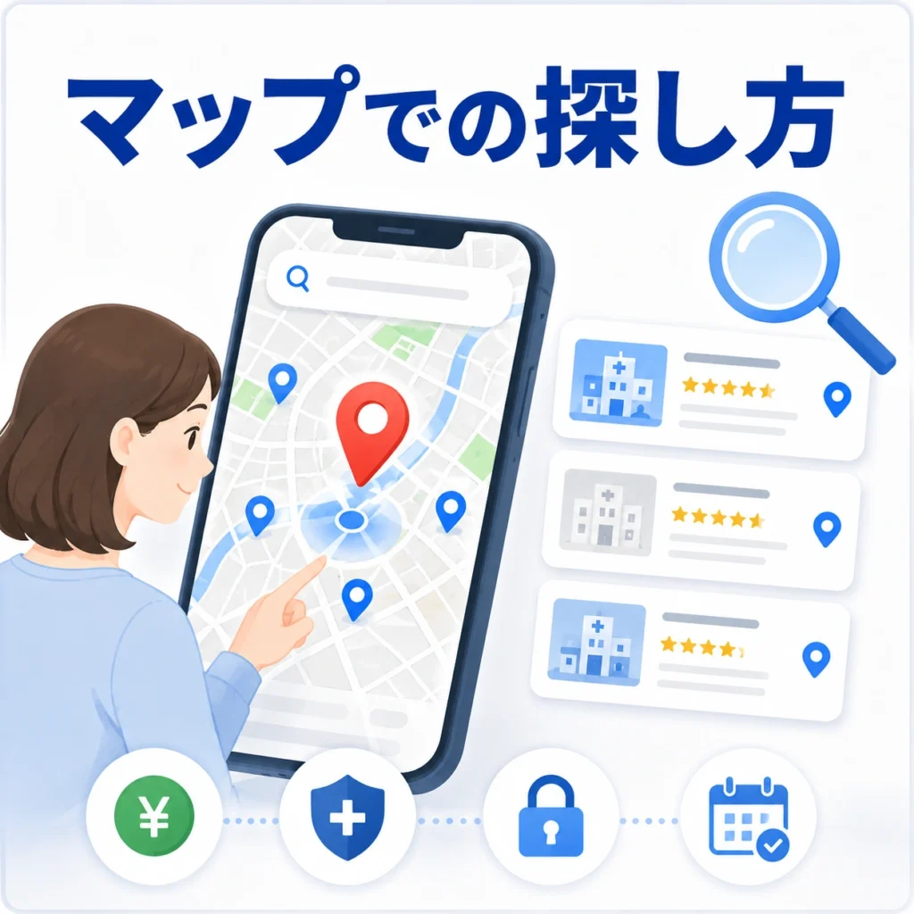 患者がスマートフォンのマップ検索で肥満外来や医療ダイエットクリニックを探す流れを示すイラスト