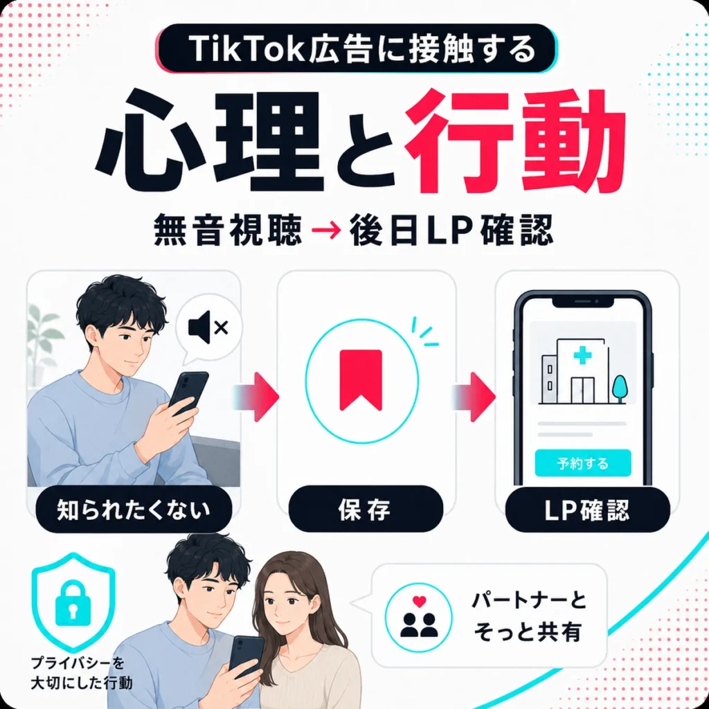 TikTok広告に接触した本人やパートナーが無音視聴からLP確認へ進む行動を示すイラスト