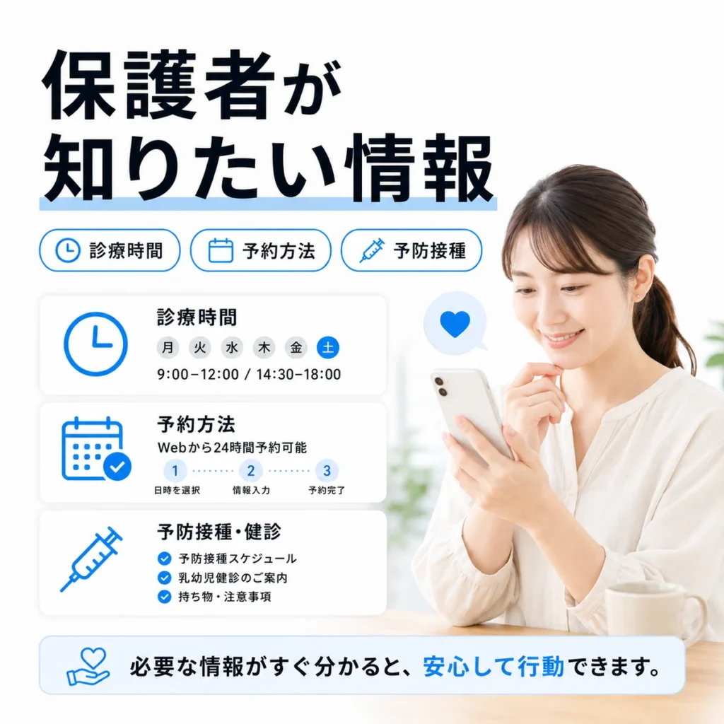 保護者が知りたい診療時間、予約方法、予防接種情報を整理したイラスト