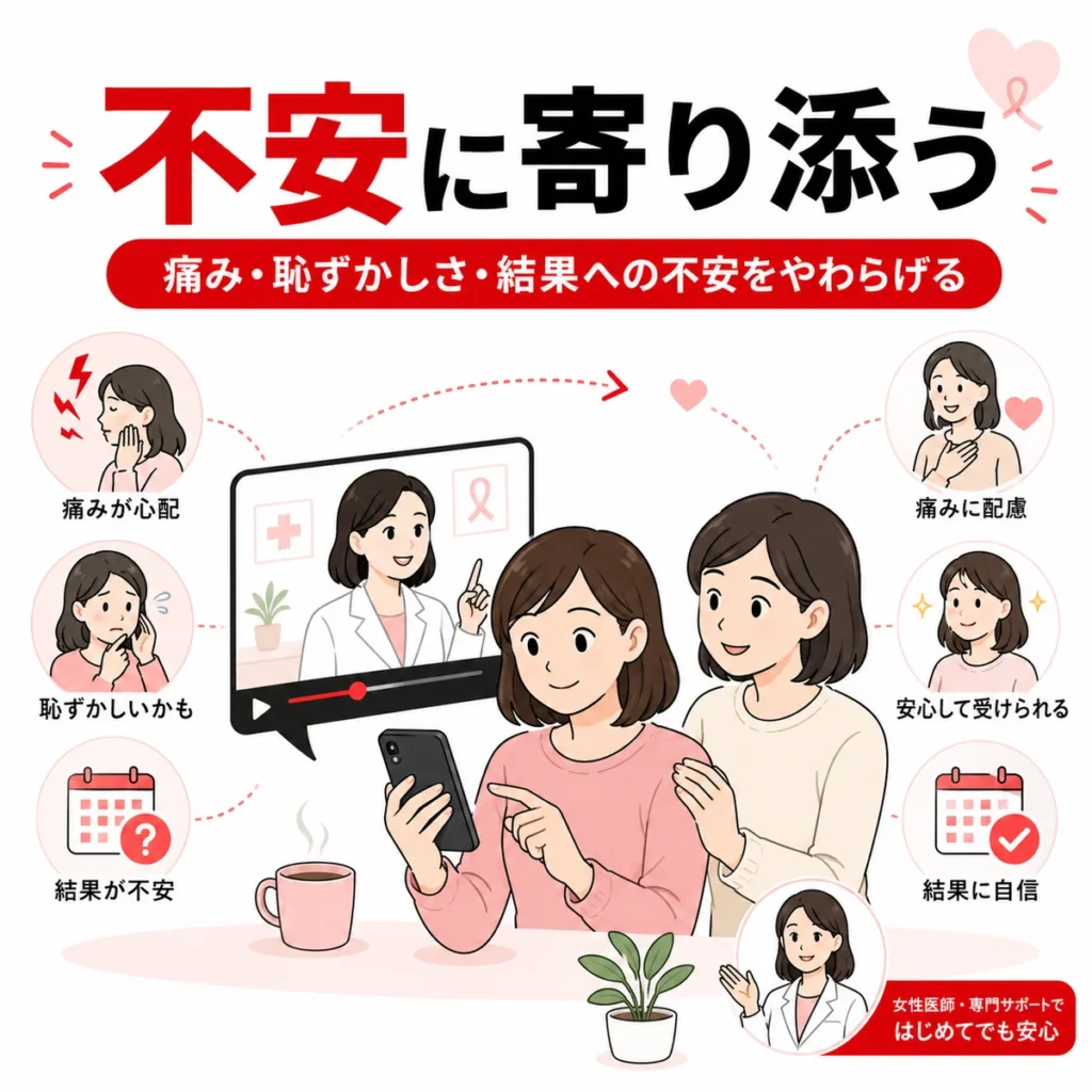 検査の痛みや恥ずかしさ、結果への不安に寄り添う乳腺外科広告の考え方を示すイラスト