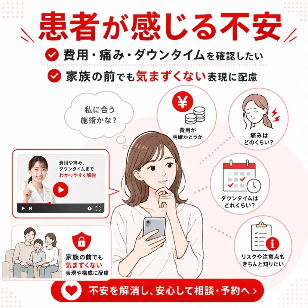 美容皮膚科のYouTube広告を見る患者が費用や痛みやダウンタイムに不安を感じる様子を示すイラスト