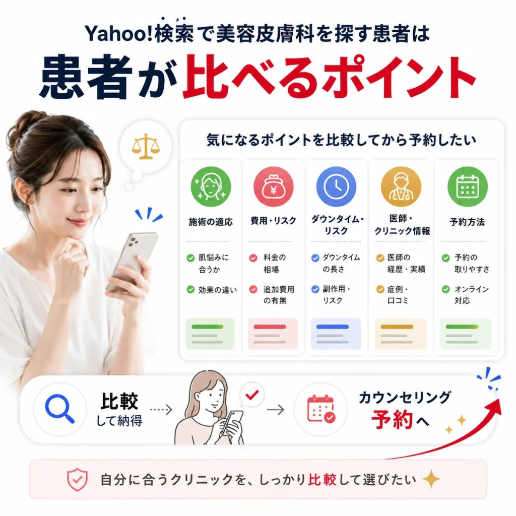 Yahoo!検索で美容皮膚科を探す患者が費用やリスクや予約方法を比較する様子を示すイラスト