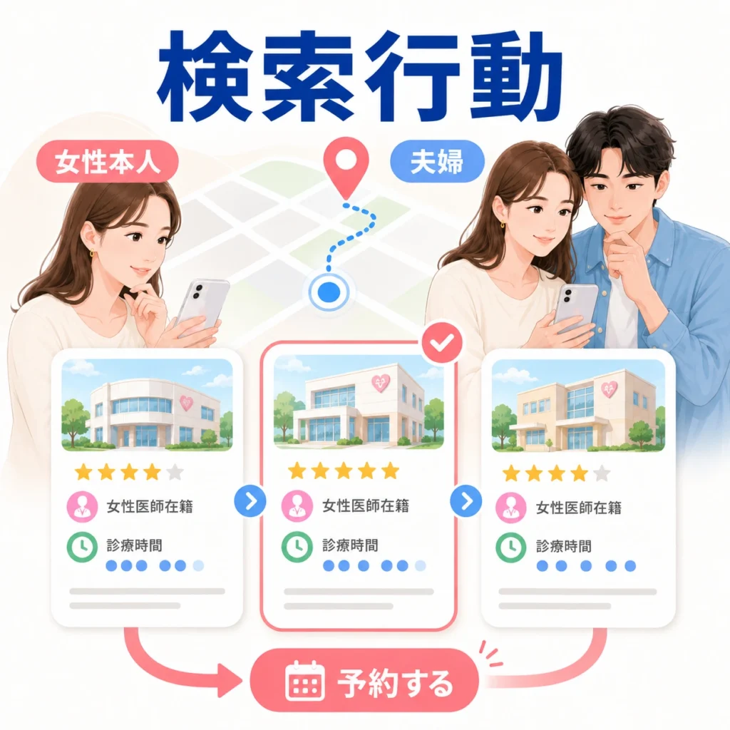 女性本人や夫婦がスマートフォンで産婦人科・不妊治療クリニックを比較し予約する検索行動のイラスト