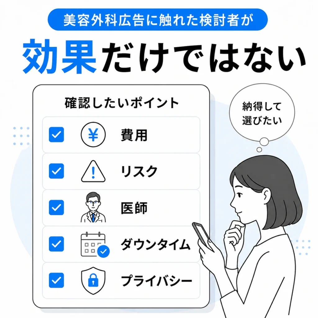 美容外科広告を見た検討者が費用やリスク、医師、ダウンタイムを確認する様子を示すイラスト