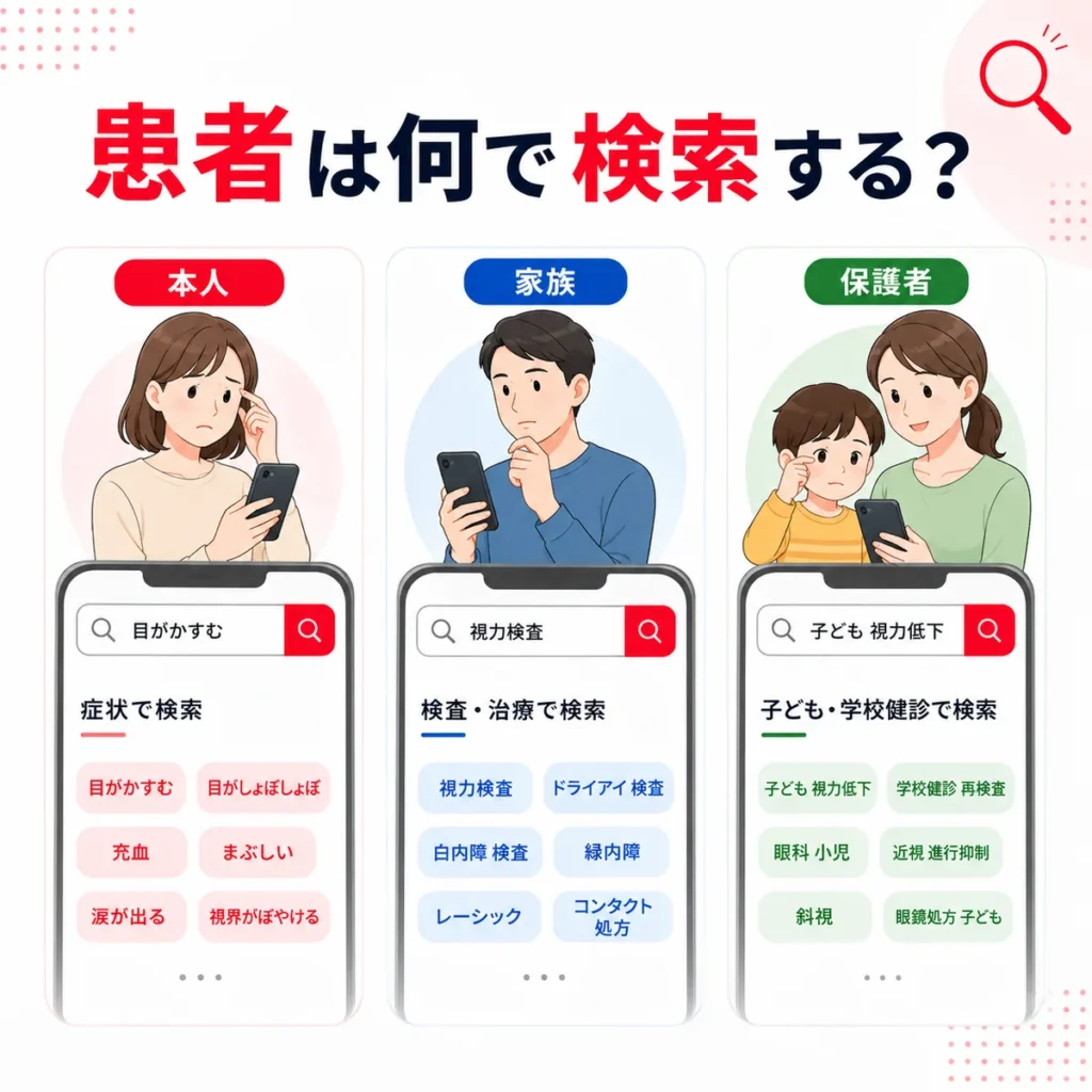 眼科クリニックがYahoo!リスティング広告で競合する症状語・検査語・地域語の市場を示すイラスト
