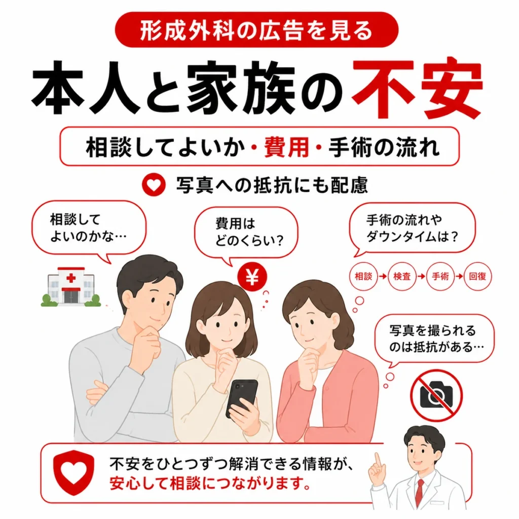 形成外科の広告を見る本人と家族が相談先や費用、手術の流れに不安を感じる様子を示すイラスト