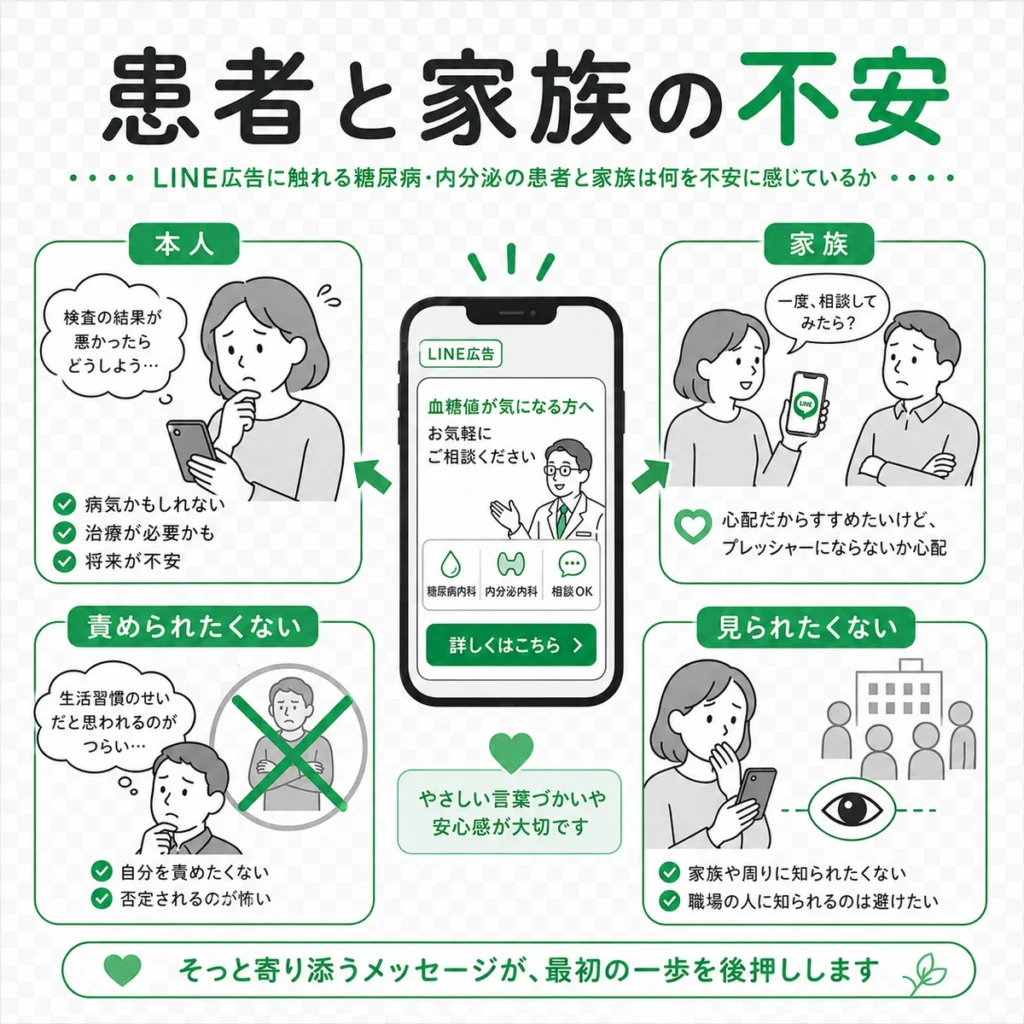 LINE広告に触れる糖尿病・内分泌の患者本人や家族が抱える不安を整理したイラスト