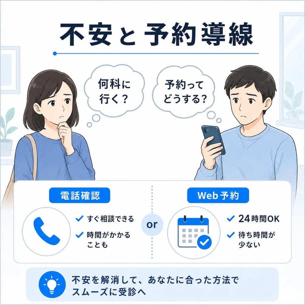患者や家族の不安と電話確認・Web予約の使い分けを説明するイラスト