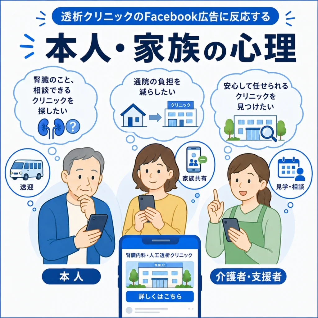 透析クリニックの広告に反応する本人・家族・介護者の心理を示すイラスト