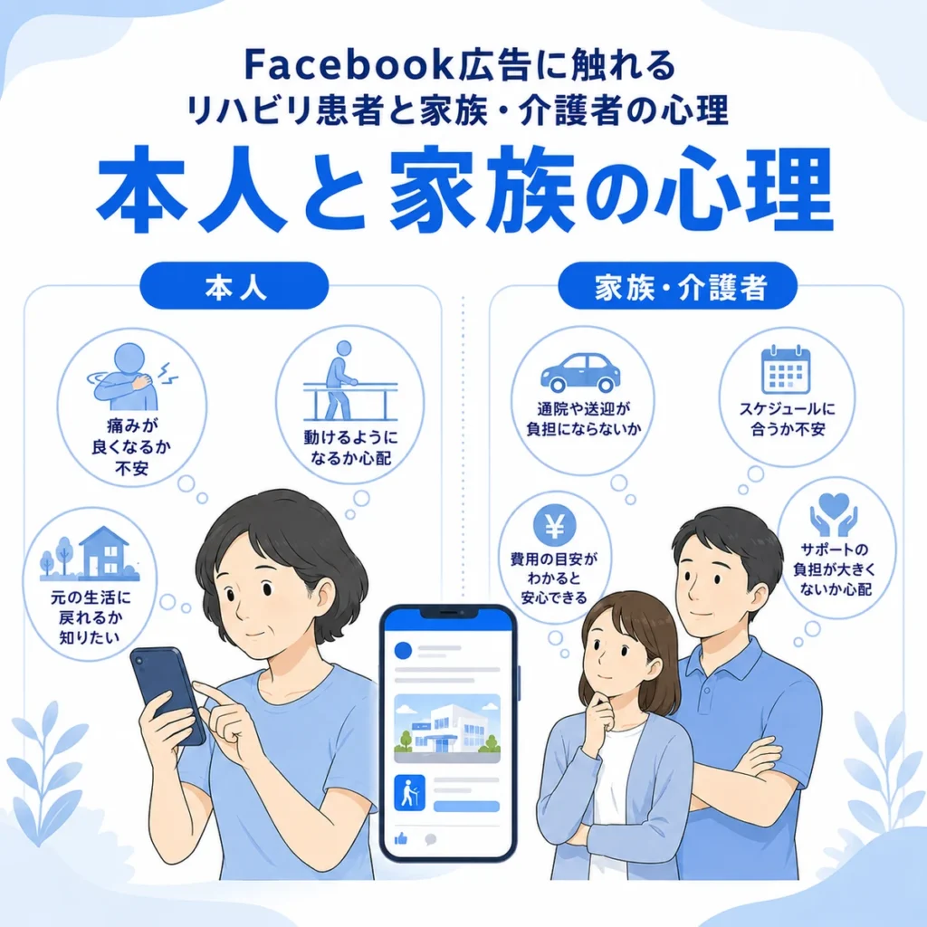 リハビリ患者本人と家族・介護者がFacebook広告に触れたときの心理や関心の違いを示すイラスト