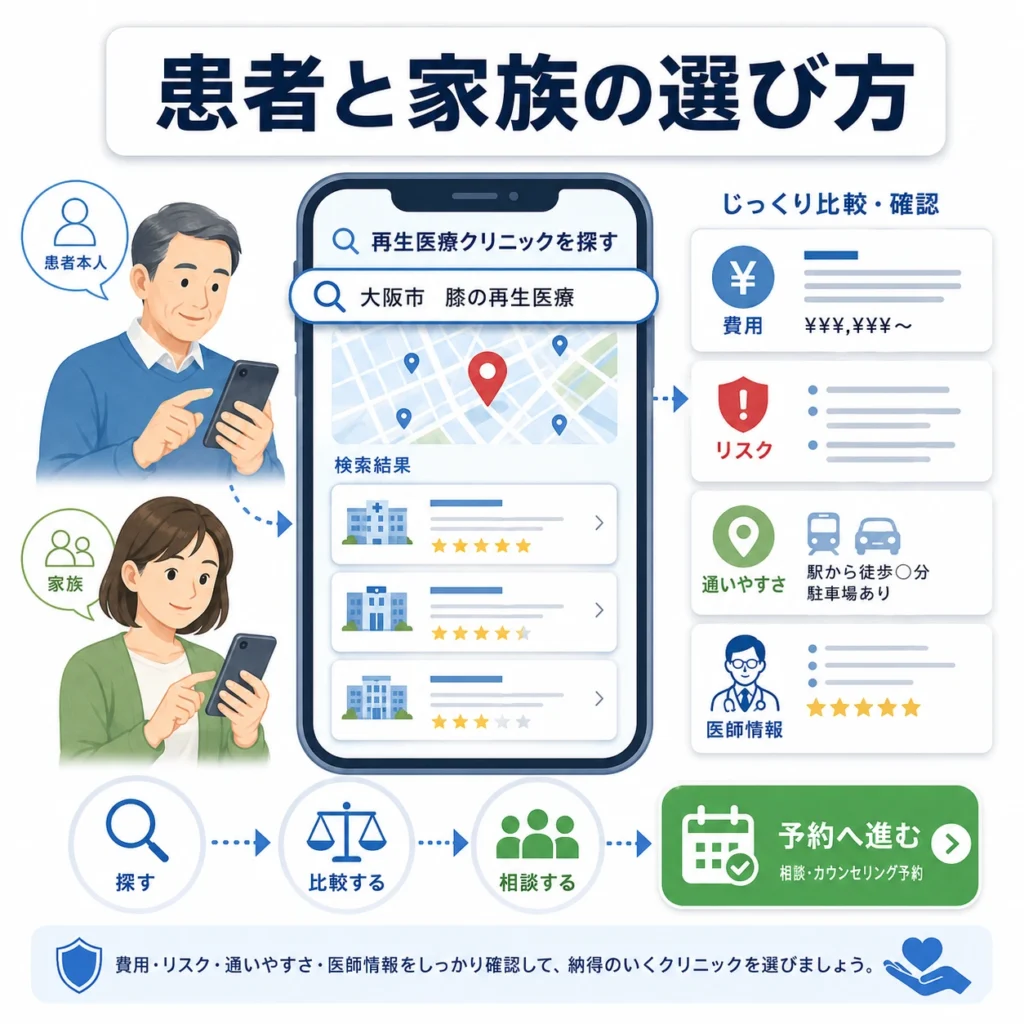 患者本人と家族が費用やリスク、医師情報を確認しながら再生医療クリニックを選ぶ様子のイラスト