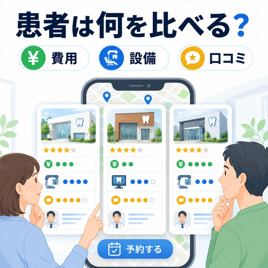 患者と家族が費用・設備・口コミを見比べてインプラント歯科を選ぶ様子を示すイラスト