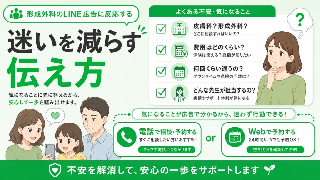 患者や家族が形成外科を受診する前に抱く不安と相談・予約方法を整理したイラスト