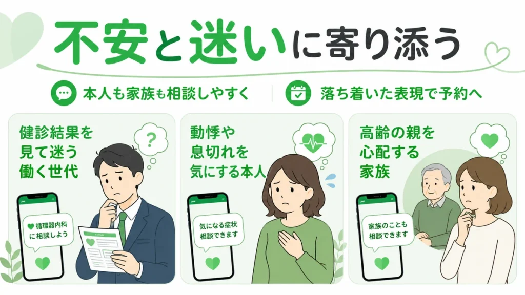 健診結果や動悸に迷う本人と高齢の親を心配する家族に寄り添う広告表現のイラスト