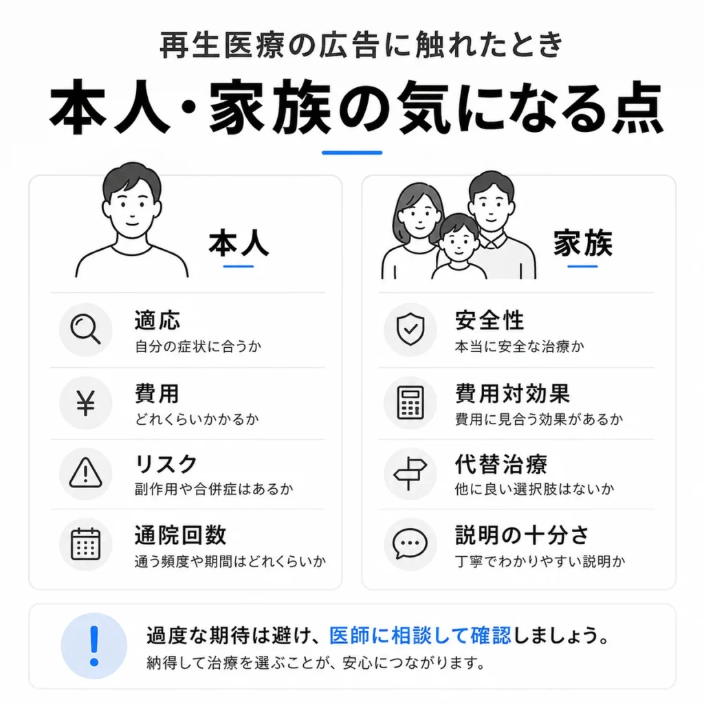 再生医療の広告を見た本人と家族が気にする適応、費用、リスク、安全性を整理したイラスト
