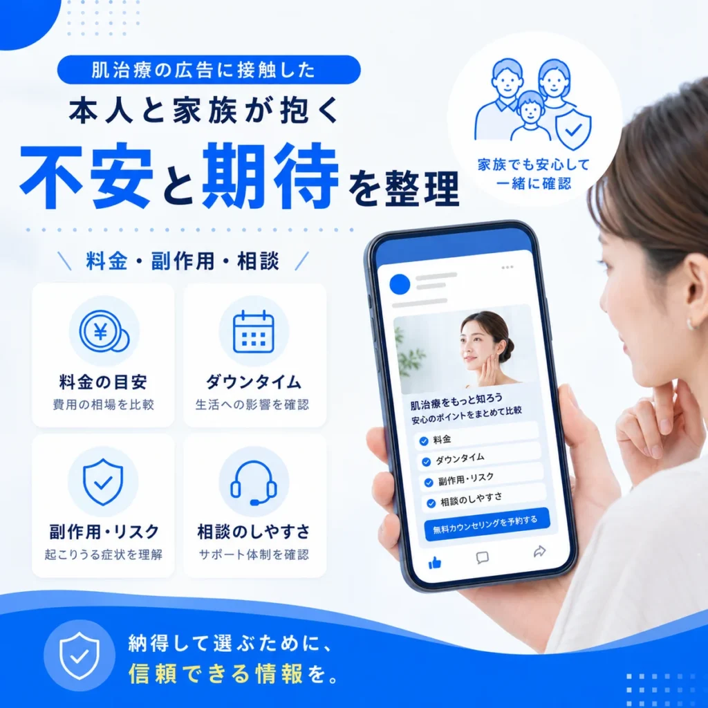 肌治療広告を見た本人と家族が料金や副作用や相談しやすさを確認する様子を示すイラスト