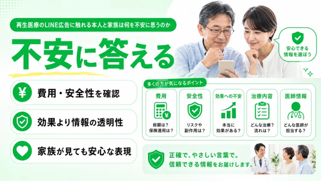 再生医療のLINE広告に触れた本人や家族の費用・安全性への不安を整理したイラスト