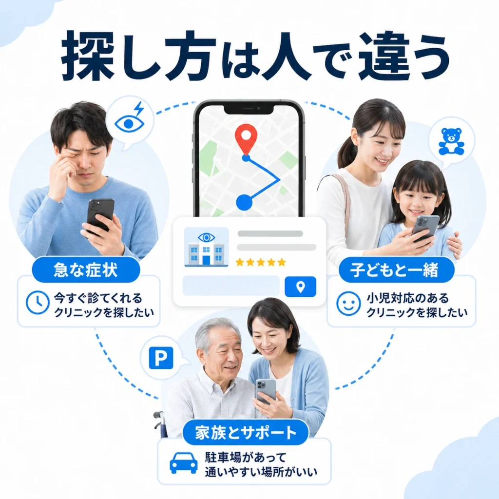 本人・保護者・家族がそれぞれ異なる目的でGoogleマップから眼科を探す様子を示すイラスト