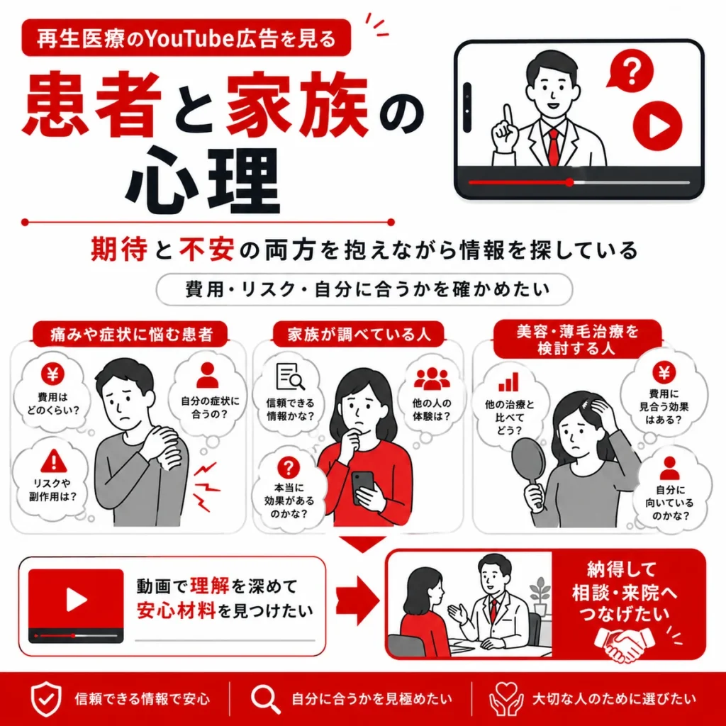 再生医療のYouTube広告を見る患者や家族が費用やリスク、自分に合うかを考える心理を示すイラスト