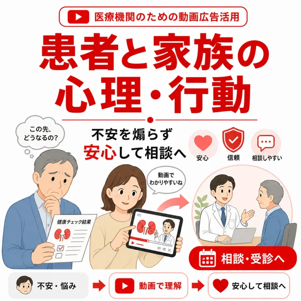 YouTube広告を見る患者と家族の不安から相談行動までの流れを示すイラスト