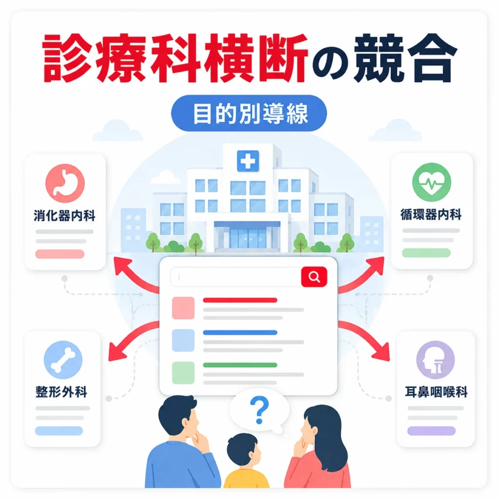 患者本人だけでなく家族や紹介元も病院を検索する流れを示すイラスト