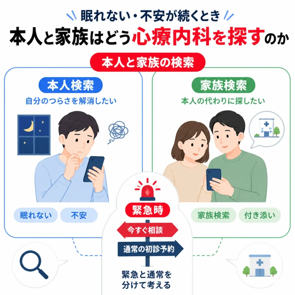 眠れない、不安が続く本人と家族が心療内科を探す検索行動の違いを示すイラスト