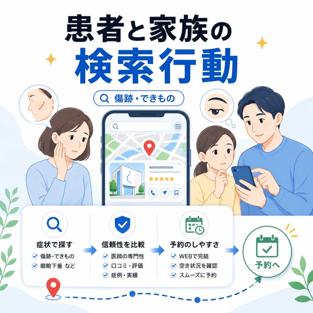 傷跡やできものに悩む患者と家族がスマートフォンで形成外科を検索し予約へ進む様子のイラスト