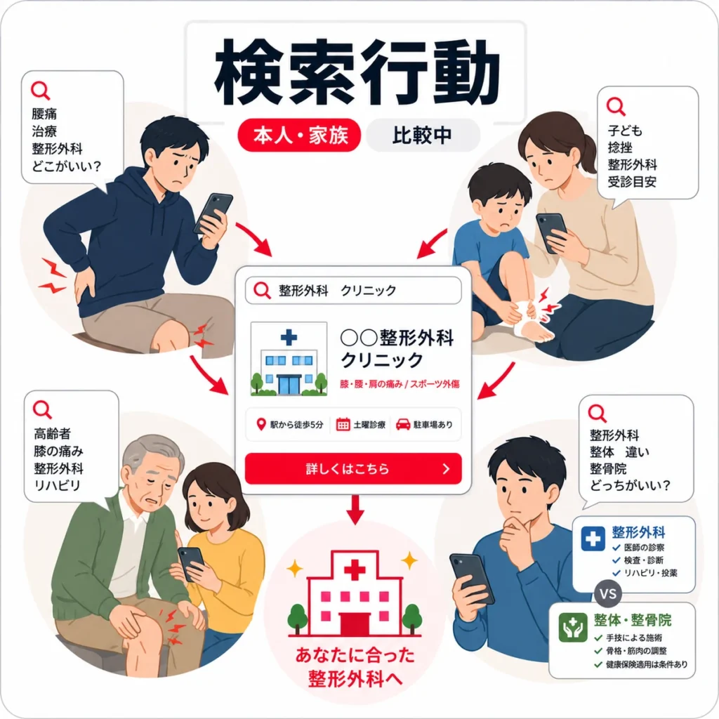 本人・家族・保護者が腰痛や捻挫、膝の痛みで整形外科を検索する行動を示すイラスト