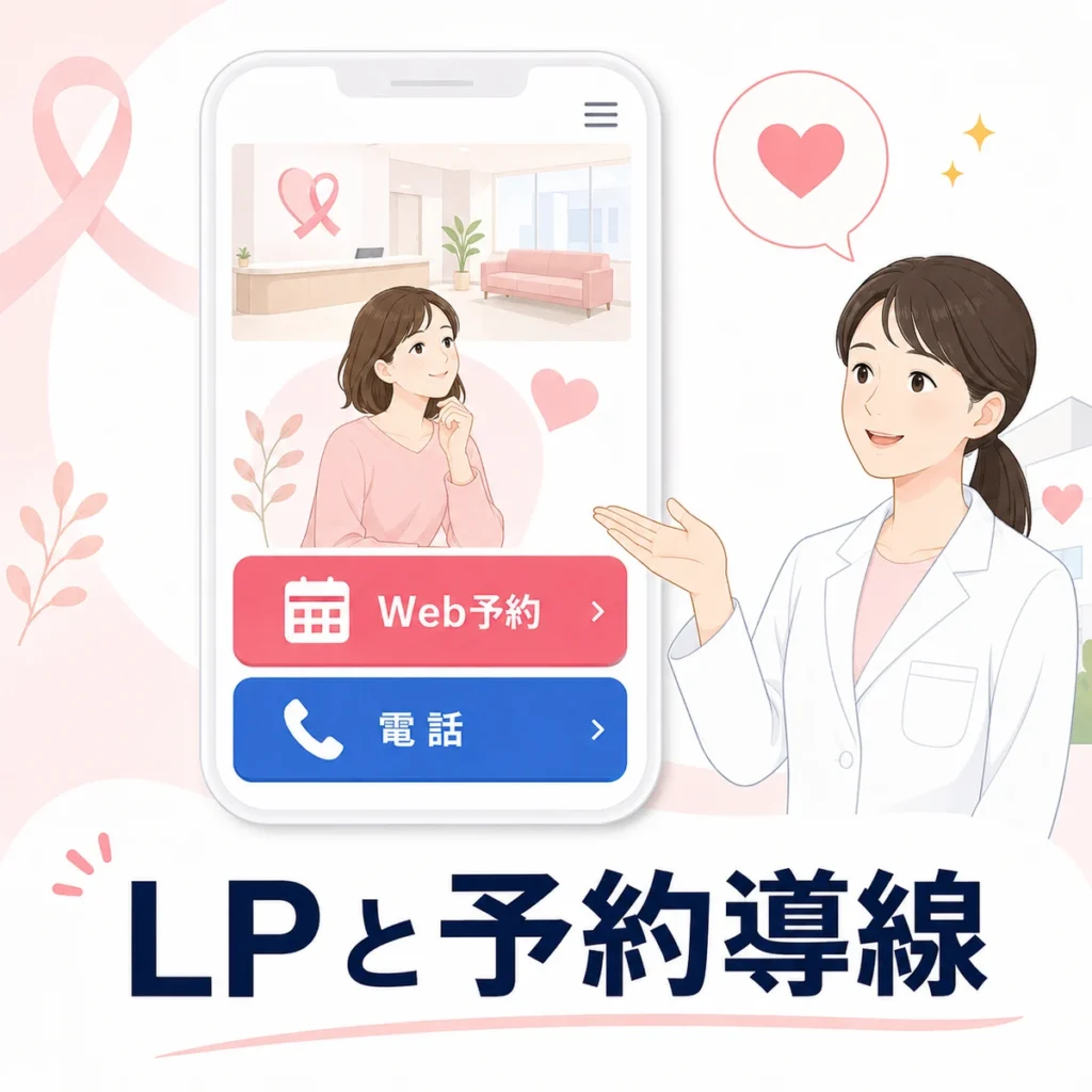 乳腺外科クリニックのLPでWeb予約と電話導線を分かりやすく設計するイラスト