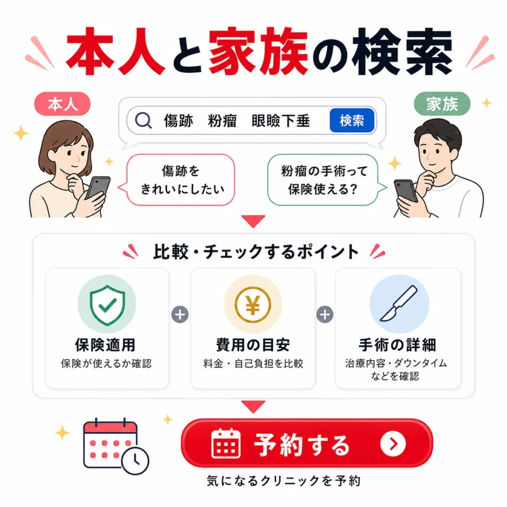 傷跡や粉瘤に悩む本人と家族が検索し、保険適用や費用を比較して予約する流れを示すイラスト