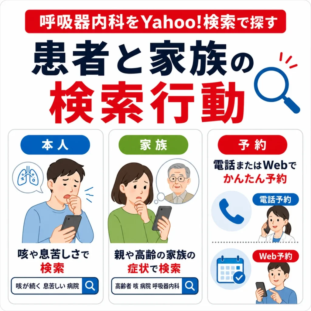呼吸器内科を探す患者本人と家族の検索行動、電話予約とWeb予約の違いを示すイラスト