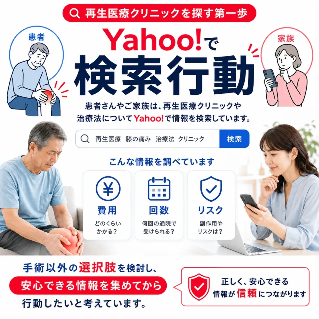 患者や家族がYahoo!検索で再生医療クリニックを探す行動を説明するイラスト