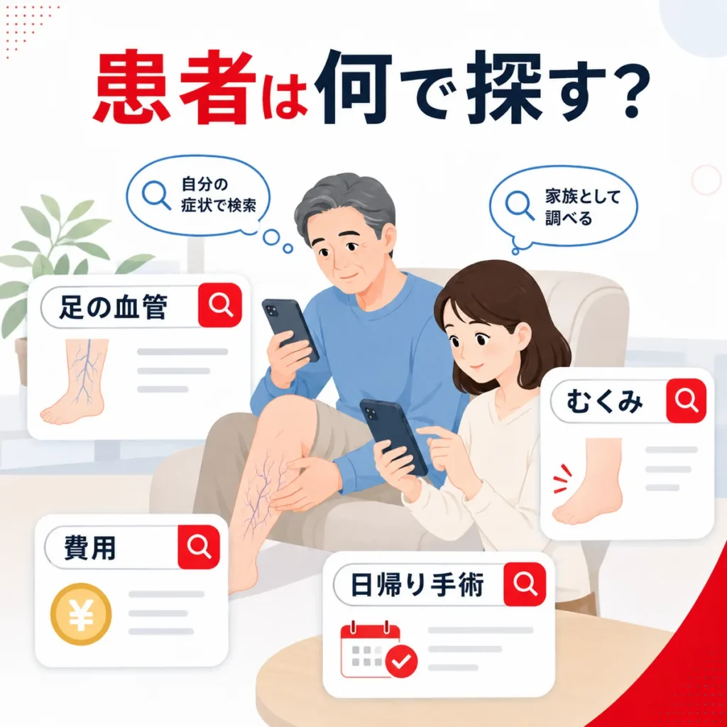 足の血管やむくみで悩む患者本人と家族が検索する言葉の違いを表すイラスト