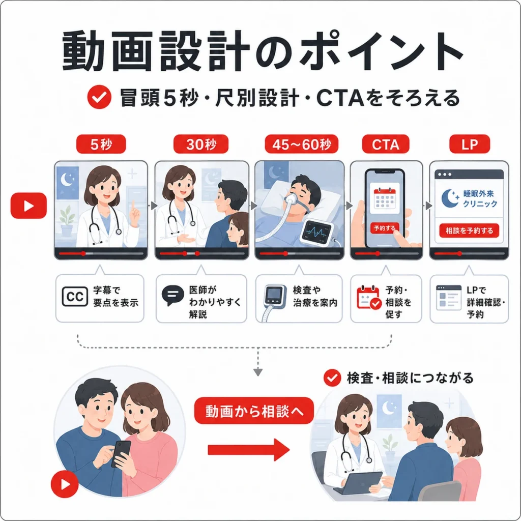 睡眠外来YouTube広告で冒頭5秒や尺別設計、CTAをそろえて検査相談につなげる流れを示すイラスト