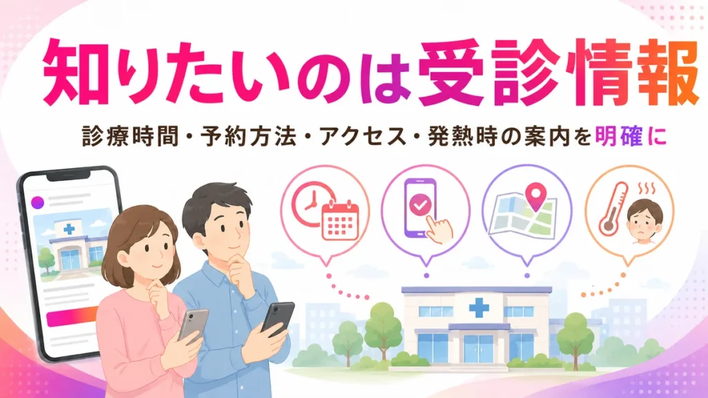患者と家族が知りたい診療時間や予約方法を示すイラスト
