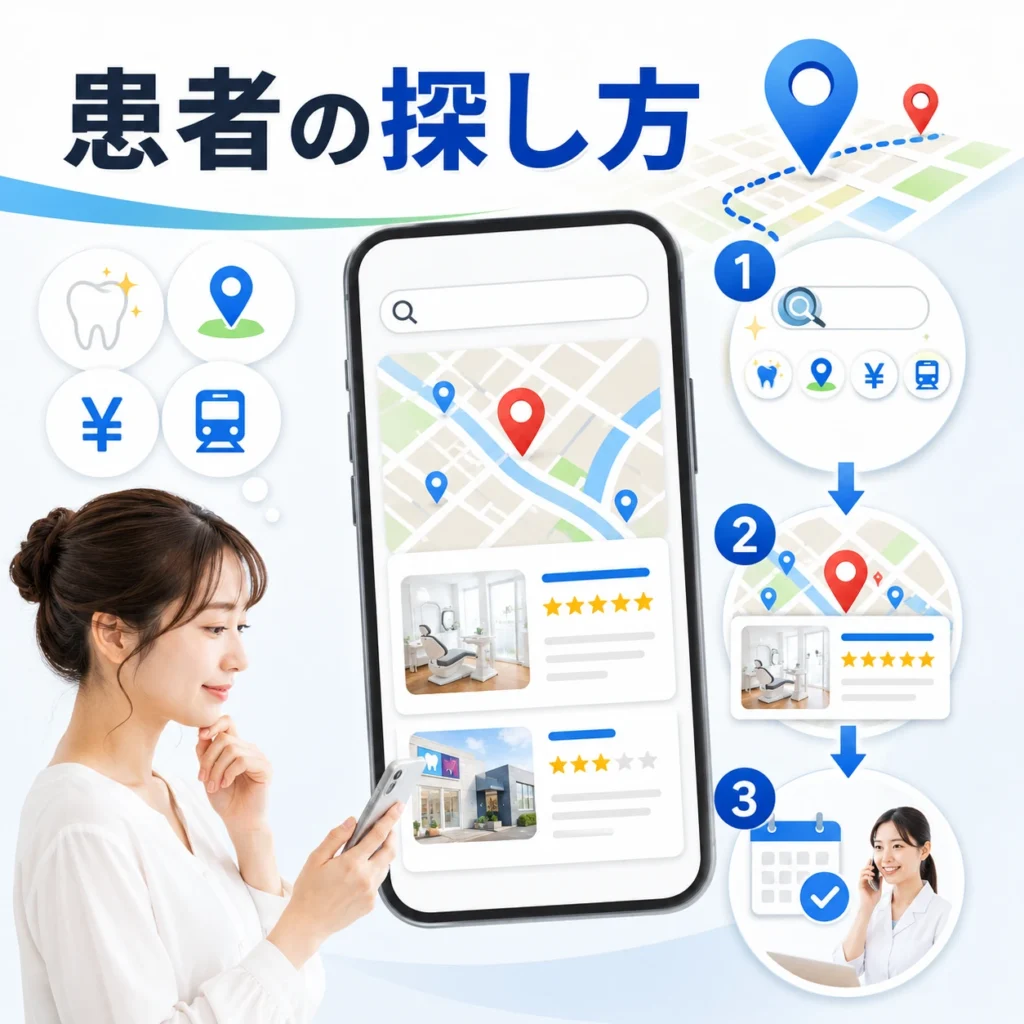 患者がスマートフォンで審美歯科やホワイトニングを検索し予約へ進む流れを示すイラスト