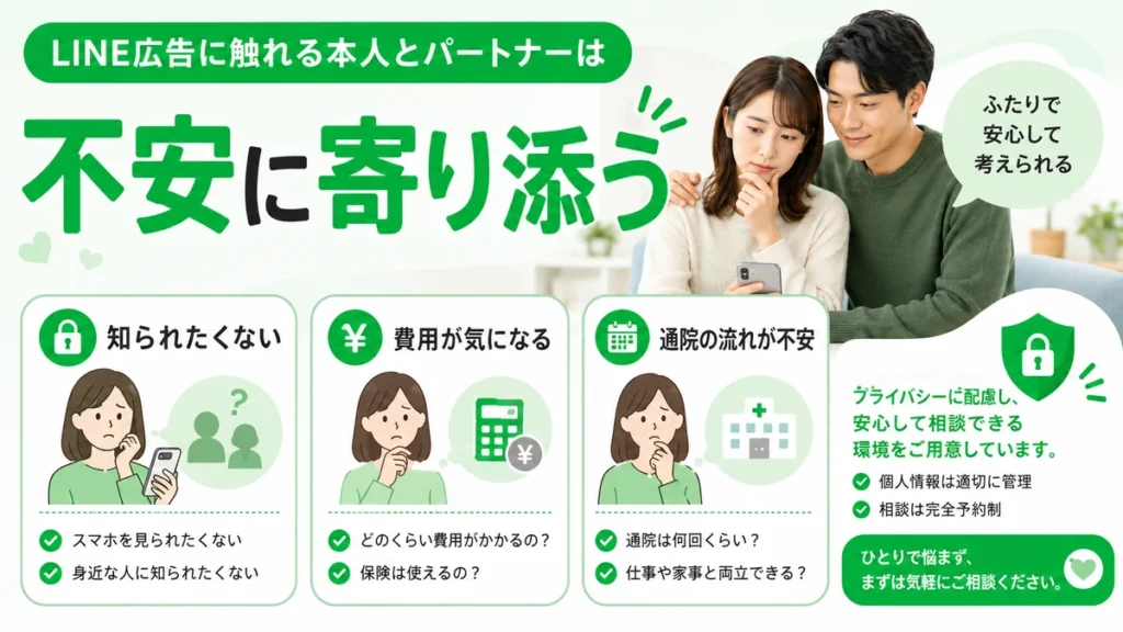 本人とパートナーが感じるプライバシーや費用、通院への不安に寄り添うLINE広告の考え方を示すイラスト