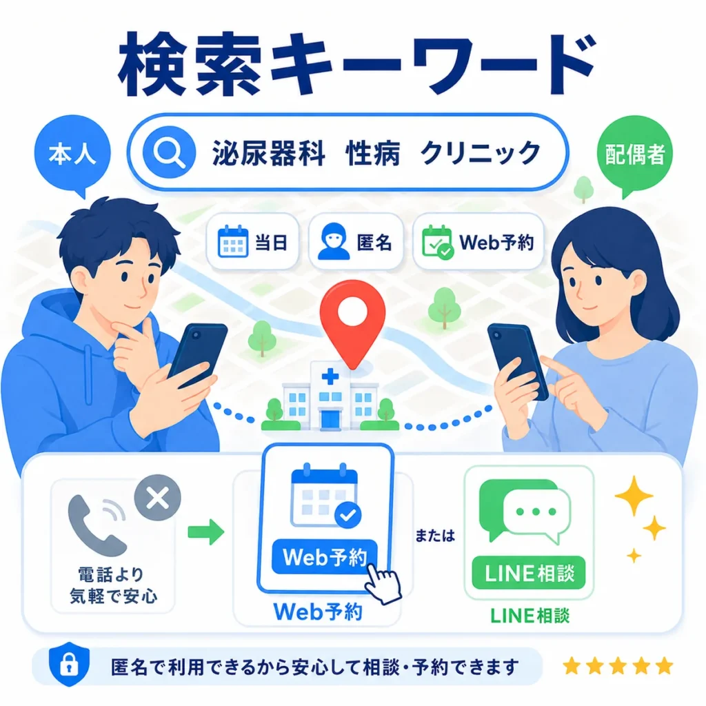 本人と配偶者が泌尿器科や性病クリニックを検索し、Web予約やLINE相談へ進む流れを示すイラスト