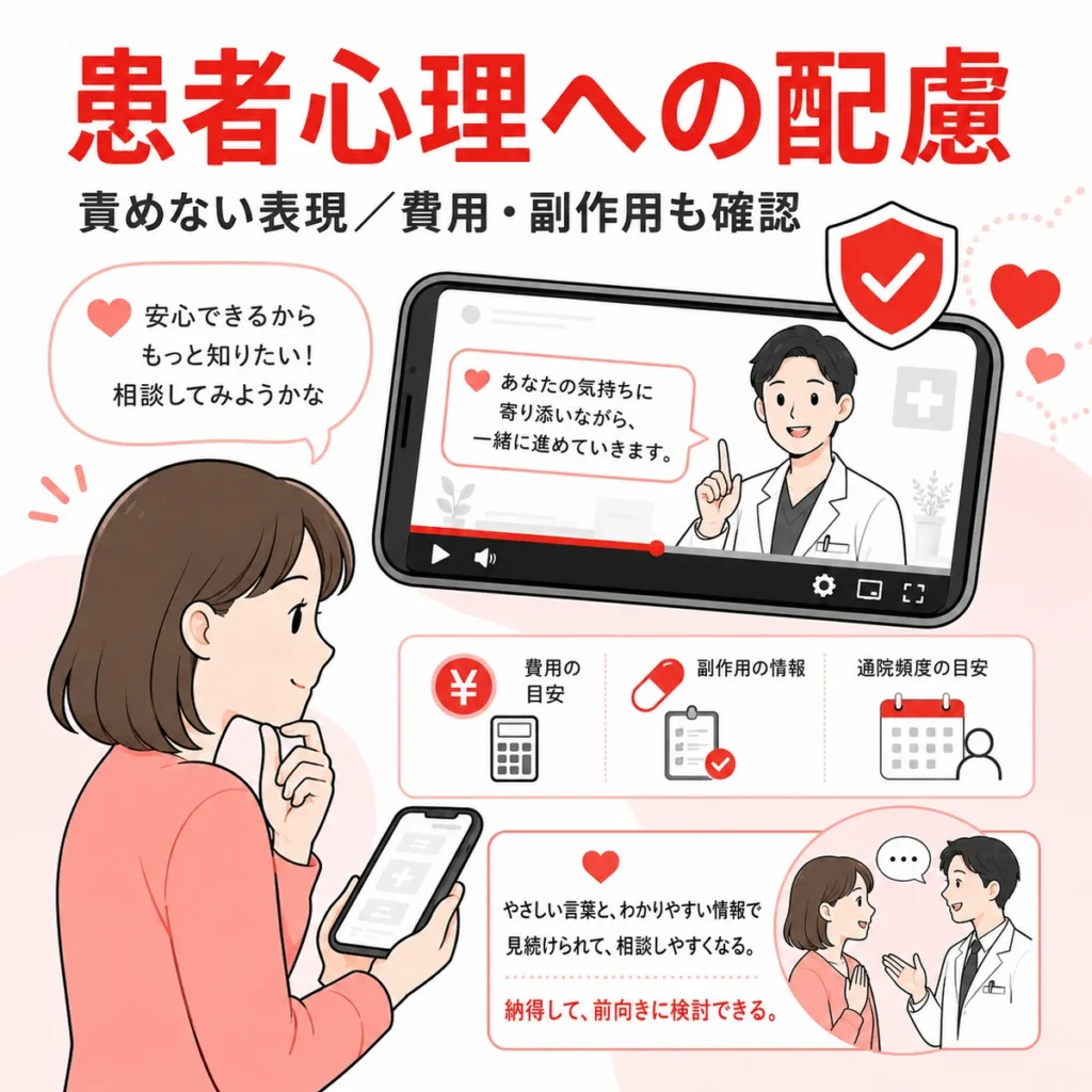メディカルダイエット広告で患者心理に配慮し費用や副作用を確認する様子のイラスト