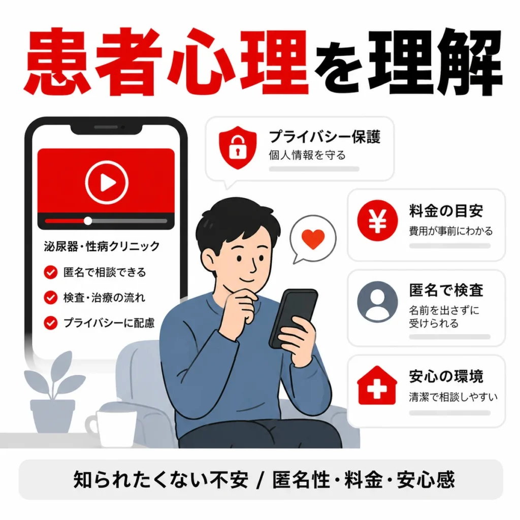 患者心理を理解し匿名性や料金、プライバシー配慮を伝える重要性を示すイラスト