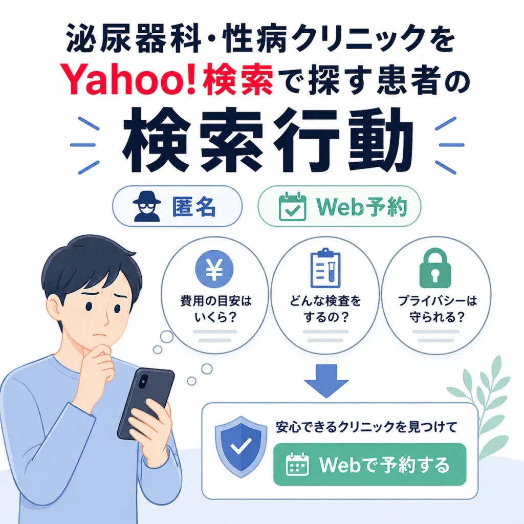 患者が費用・検査内容・プライバシーを確認しながらYahoo!検索からWeb予約へ進む流れを示すイラスト