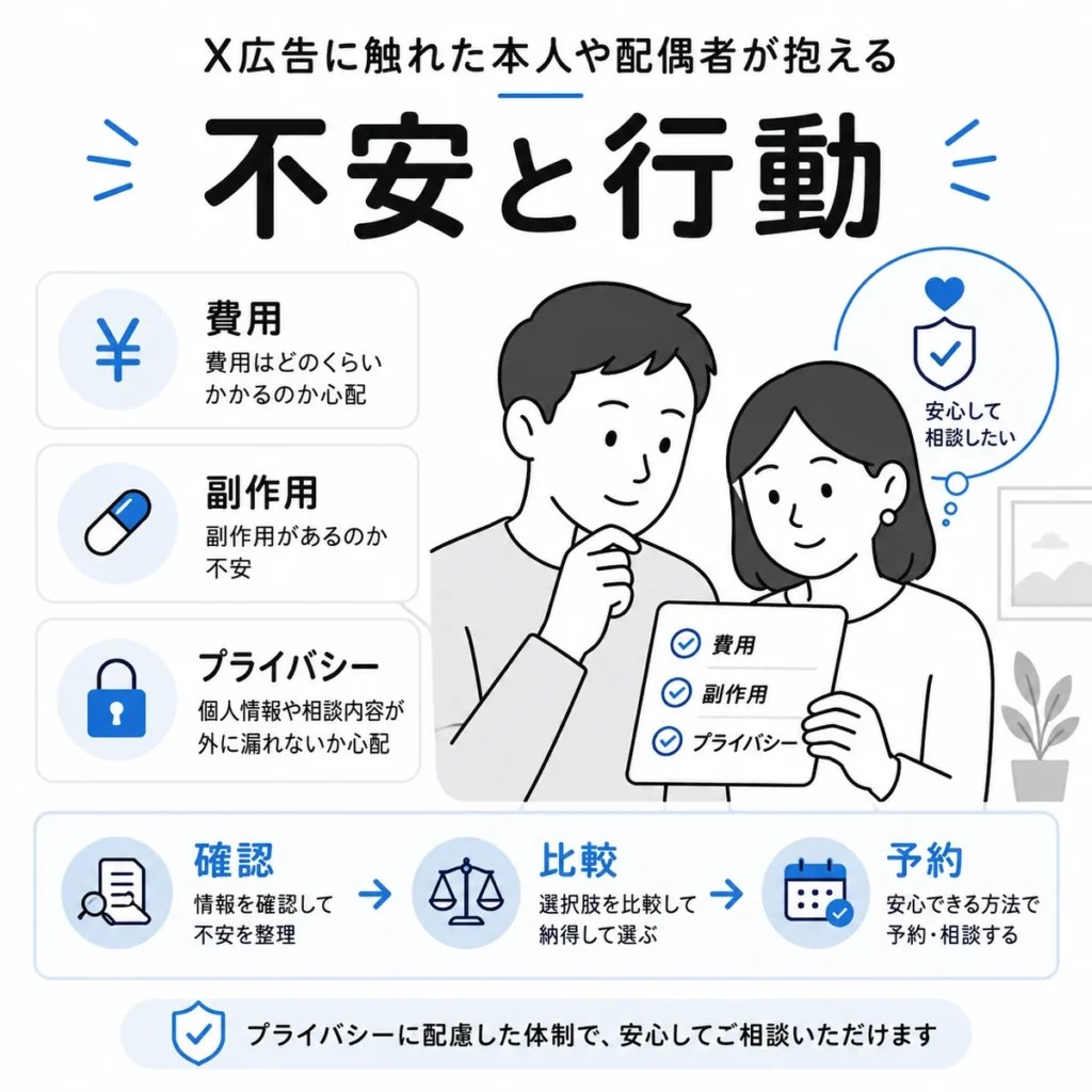 X広告に触れた本人や配偶者が費用・副作用・プライバシーを確認して行動する流れを示すイラスト