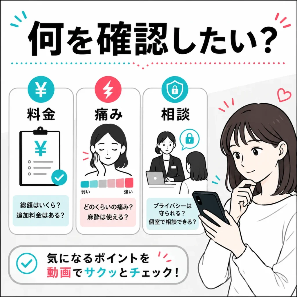 料金、痛み、相談方法など医療脱毛広告で検討者が確認したいポイントを示すイラスト