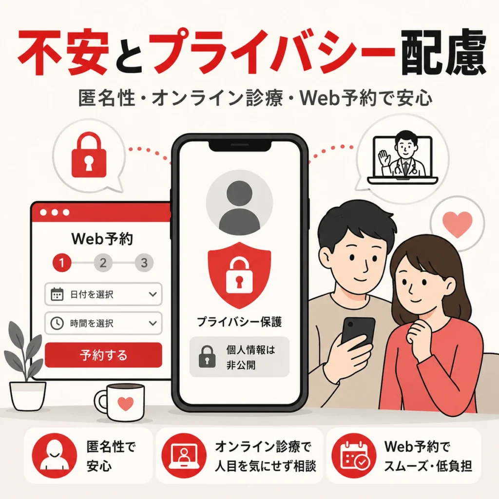 本人や配偶者の不安に配慮し匿名性やオンライン診療で安心感を伝えるイラスト