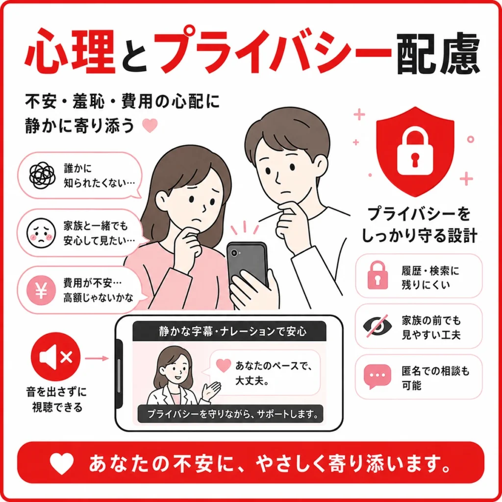 緊急ピルや性病検査の広告を見る本人とパートナーの不安やプライバシー配慮を示すイラスト