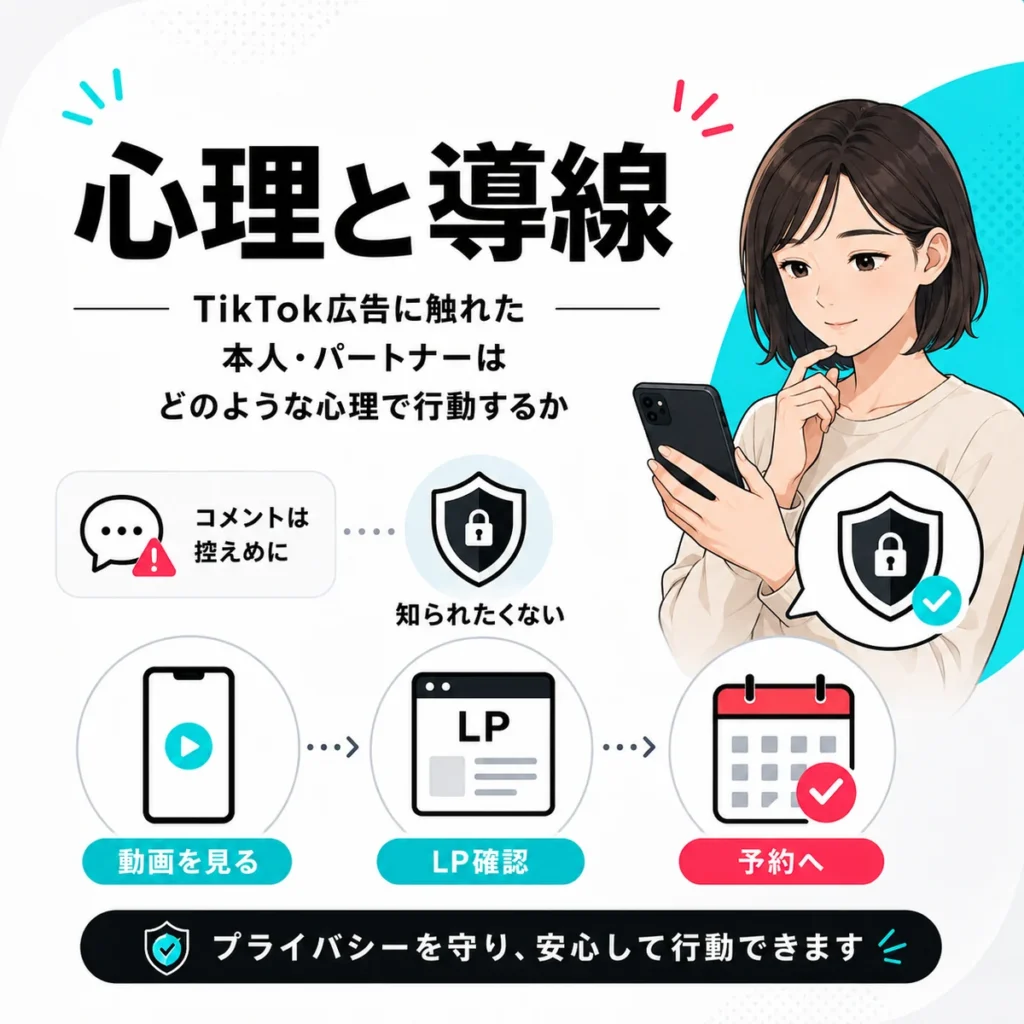 TikTok広告に触れた本人やパートナーの心理と予約までの導線を示すイラスト